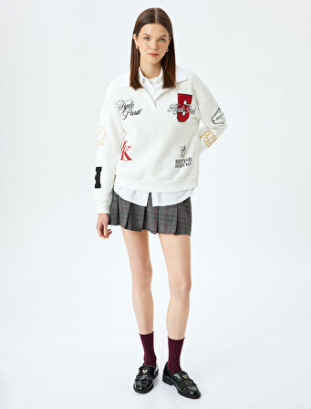 Polo Yaka Düğmeli Oversize Kolej Nakışlı Şardonlu Sweatshirt