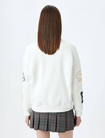 Polo Yaka Düğmeli Oversize Kolej Nakışlı Şardonlu Sweatshirt