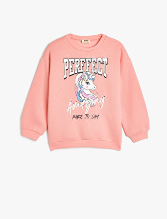 Sweatshirt Unicorn Baskılı Uzun Kollu Bisiklet Yaka Pamuk Karışımlı