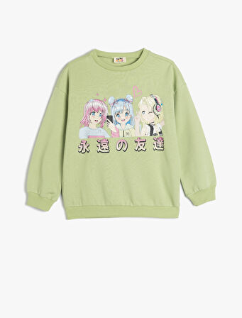 Sweatshirt Anime Baskılı Uzun Kollu Bisiklet Yaka Pamuklu Şardonlu