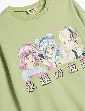 Sweatshirt Anime Baskılı Uzun Kollu Bisiklet Yaka Pamuklu Şardonlu