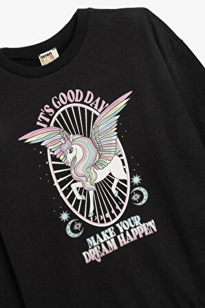 Koton Kız Çocuk Sweatshirt Unicorn Baskılı Uzun Kollu Bisiklet Yaka Şardonlu