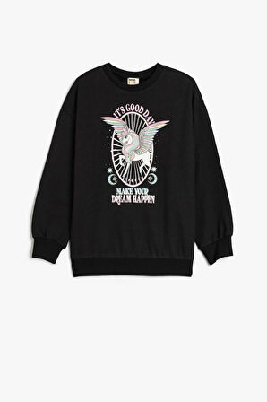 Koton Kız Çocuk Sweatshirt Unicorn Baskılı Uzun Kollu Bisiklet Yaka Şardonlu