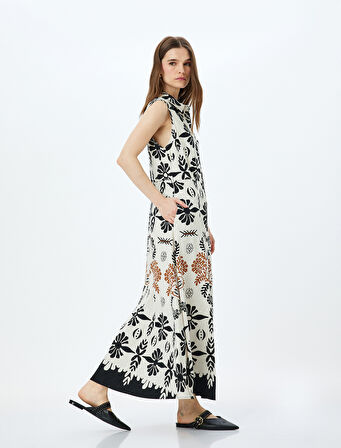 Keten Karışımlı Kolsuz Etnik Desenli Uzun Gömlek Elbise