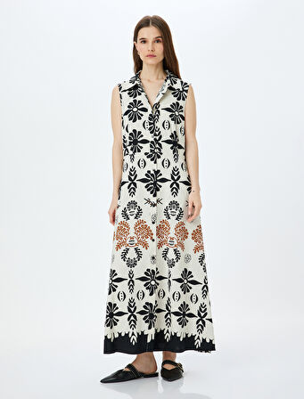 Keten Karışımlı Kolsuz Etnik Desenli Uzun Gömlek Elbise