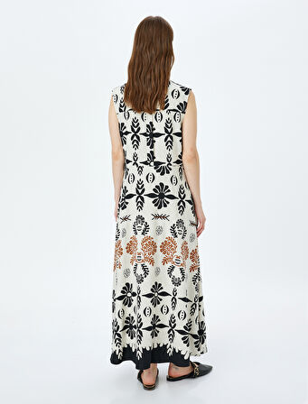 Keten Karışımlı Kolsuz Etnik Desenli Uzun Gömlek Elbise