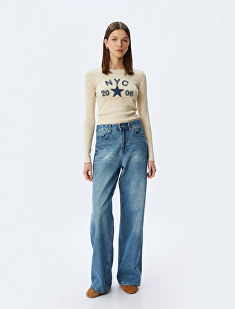 Kolej Nakışlı Bisiklet Yaka Uzun Kollu Pamuklu Tişört