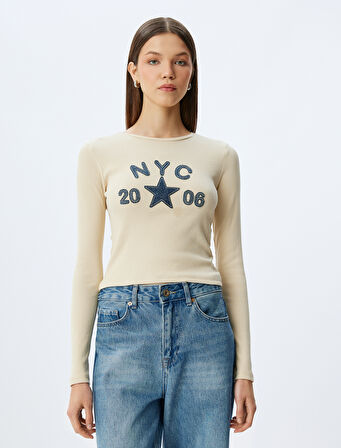 Kolej Nakışlı Bisiklet Yaka Uzun Kollu Pamuklu Tişört