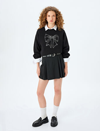 Şardonlu Fiyonk Baskılı Taşlı Bisiklet Yaka Uzun Kollu Sweatshirt