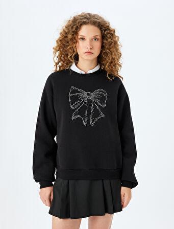 Şardonlu Fiyonk Baskılı Taşlı Bisiklet Yaka Uzun Kollu Sweatshirt
