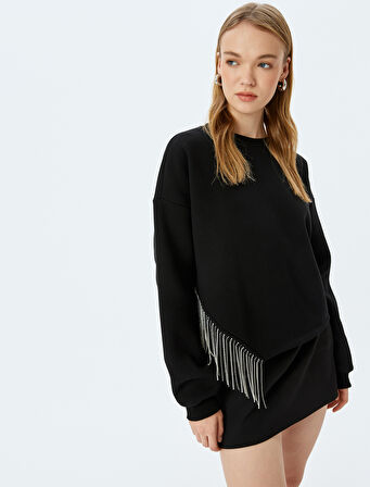 Bisiklet Yaka Taş Detaylı Uzun Kollu Oversize Sweatshirt