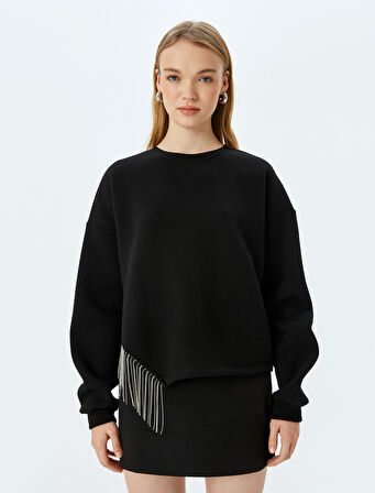 Şardonlu Bisiklet Yaka Taş Detaylı Uzun Kollu Oversize Sweatshirt