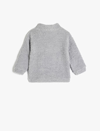 Nakış Detaylı Dik Yaka Yarım Fermuarlı Polar Sweatshirt