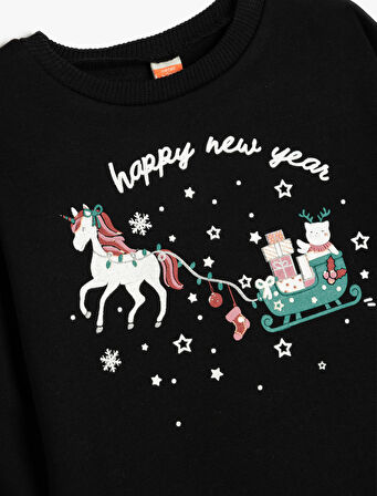 Sweatshirt Yılbaşı Baskılı Uzun Kollu Bisiklet Yaka Pamuklu Şardonlu 