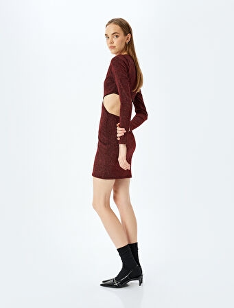 Pencere Detaylı Slim Fit Simli Mini Elbise