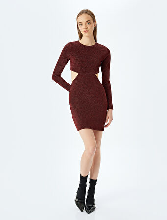 Pencere Detaylı Slim Fit Simli Mini Elbise