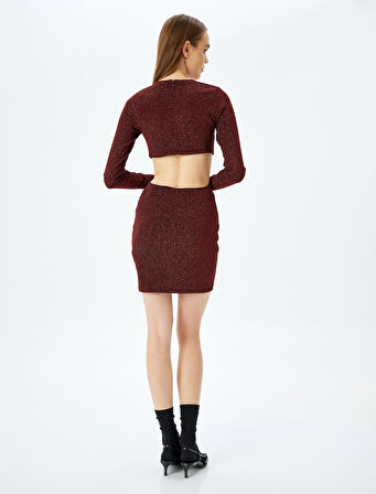 Pencere Detaylı Slim Fit Simli Mini Elbise