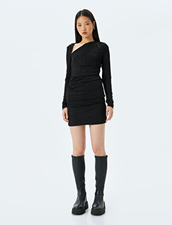 Asimetrik Yaka Drapeli Slim Fit Mini Simli Abiye Elbise