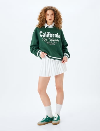 Bisiklet Yaka Kolej Baskılı Biyeli Oversize Sweatshirt