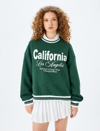 Bisiklet Yaka Kolej Baskılı Biyeli Oversize Sweatshirt