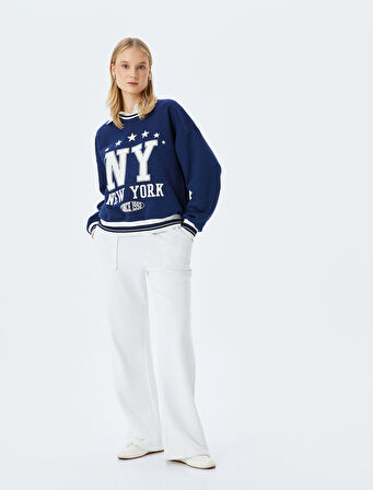 Kolej Baskılı Biyeli Bisiklet Yaka Şardonlu Oversize Sweatshirt