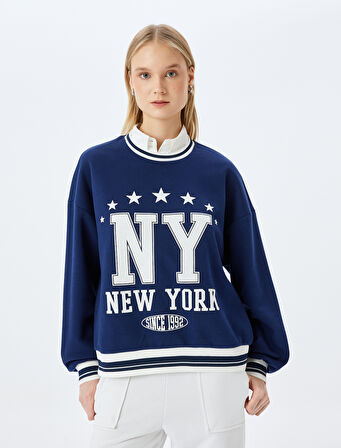 Kolej Baskılı Biyeli Bisiklet Yaka Şardonlu Oversize Sweatshirt