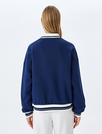 Kolej Baskılı Biyeli Bisiklet Yaka Şardonlu Oversize Sweatshirt