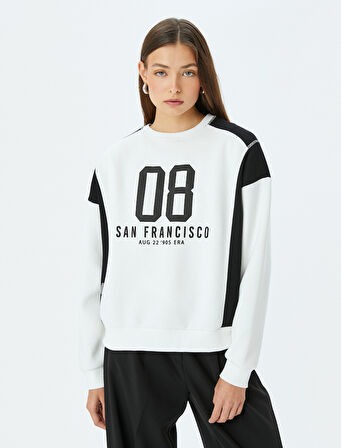 Kolej Baskılı Bisiklet Yaka Renk Bloklu Şardonlu Oversize Sweatshirt