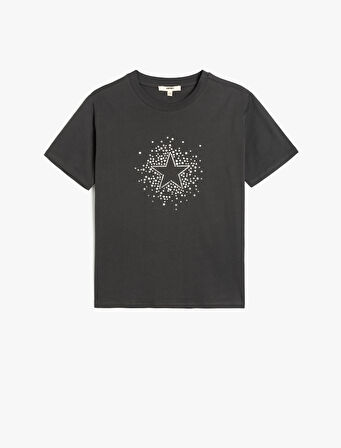 Pamuklu Kısa Kollu Bisiklet Yaka Yıldız Detaylı Taşlı Tişört