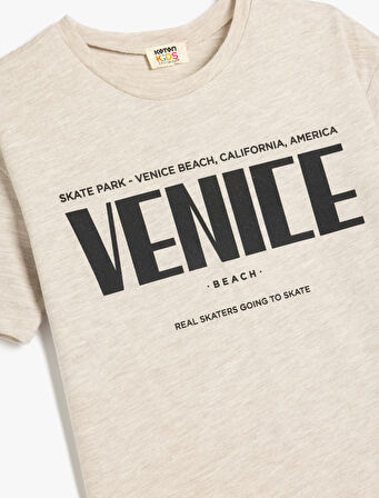 Pamuklu Slogan Baskılı Bisiklet Yaka Kısa Kollu Tişört