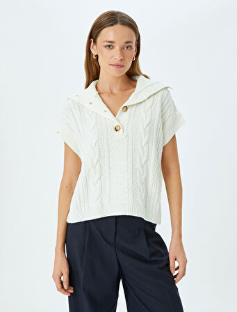 Düğmeli Balıkçı Taka Saç Örgü Süveter 