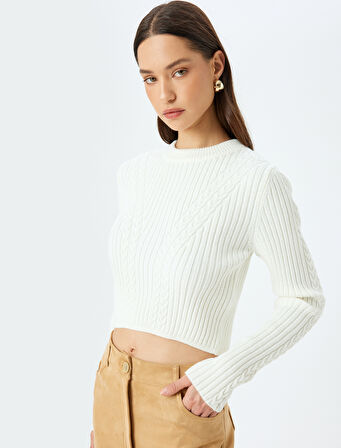 Uzun Kollu Bisiklet Yaka Saç Örgü Dokulu Triko Kazak