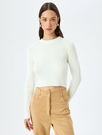 Uzun Kollu Bisiklet Yaka Saç Örgü Dokulu Triko Kazak