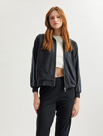 Modal Karışımlı Çizgili Cepli Dik Yaka Tam Fermuarlı Sweatshirt