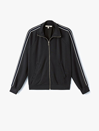 Modal Karışımlı Çizgili Cepli Dik Yaka Tam Fermuarlı Sweatshirt
