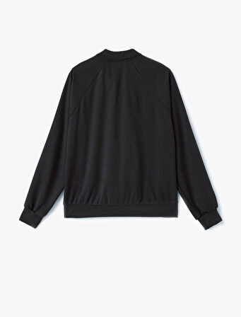 Modal Karışımlı Çizgili Cepli Dik Yaka Tam Fermuarlı Sweatshirt