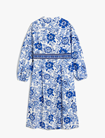 Mandarin Yaka Balon Kol Düğmeli Pamuklu Uzun Çiçekli Elbise