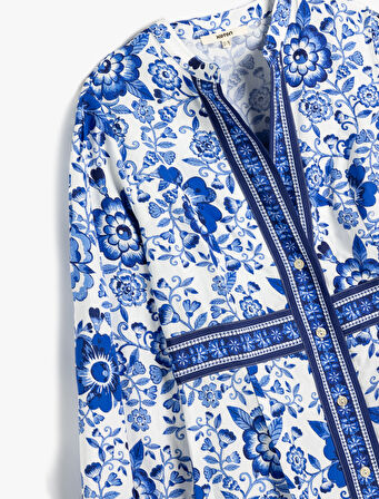 Mandarin Yaka Balon Kol Düğmeli Pamuklu Uzun Çiçekli Elbise