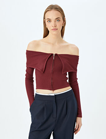 Crop Tişört Uzun Kollu Fermuarlı Omzu Açık Slim Fit