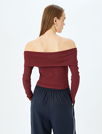 Crop Tişört Uzun Kollu Fermuarlı Omzu Açık Slim Fit