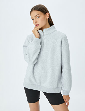 Yarım Fermuarlı Dikiş Detaylı Oversize Spor Sweatshirt