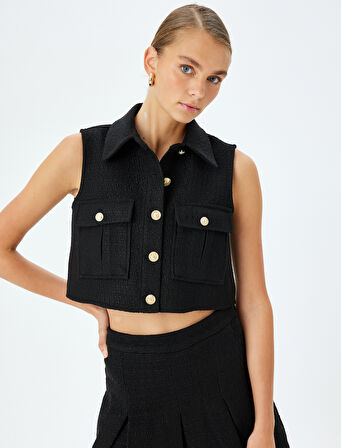 Gold Düğmeli Kapaklı Cep Detaylı Kolsuz Crop Tüvit Yelek