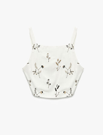 Nakış Detaylı Gipeli Halter Yaka Crop Çiçekli Bluz