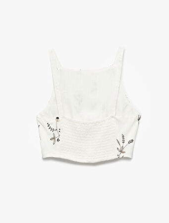 Nakış Detaylı Gipeli Halter Yaka Crop Çiçekli Bluz