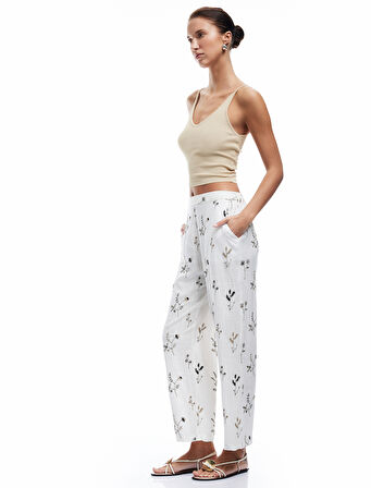 Viskon Kumaş Düz Bol Paça Fistolu Brodeli Çiçekli Pantolon