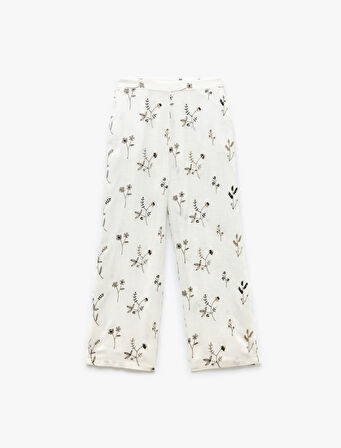 Viskon Kumaş Düz Bol Paça Fistolu Brodeli Çiçekli Pantolon