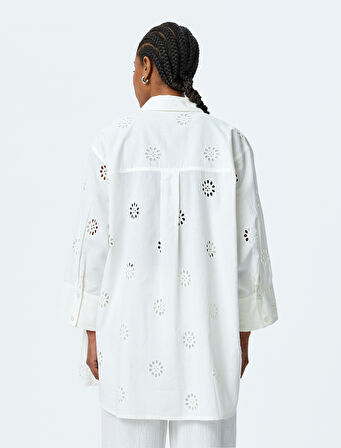 Pamuklu Rahat Kalıp 3/4 Kol Gömlek Yaka Uzun Fistolu Tunik