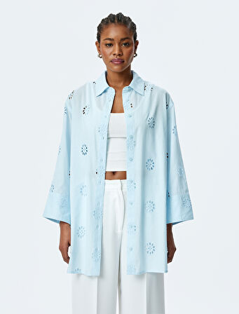 Pamuklu Rahat Kalıp 3/4 Kol Gömlek Yaka Uzun Fistolu Tunik