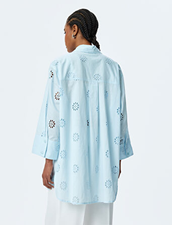 Pamuklu Rahat Kalıp 3/4 Kol Gömlek Yaka Uzun Fistolu Tunik