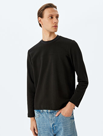 Bisiklet Yaka Uzun Kollu Pamuk Karışımlı Dikiş Detaylı Basic Sweatshirt